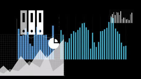 Animación-Del-Procesamiento-De-Datos-Financieros-Con-Iconos-De-Negocios-Sobre-Fondo-Negro