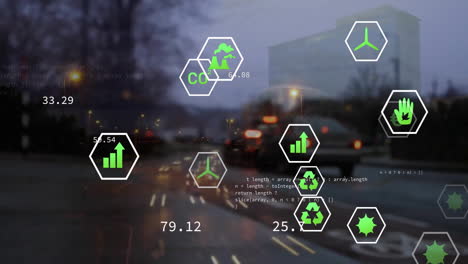 Animation-of-network-of-eco-icons-over-city-street