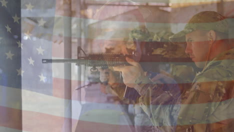 Animation-of-flag-of-usa-over-diverse-male-soldiers-using-rifle