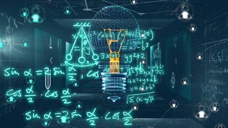 Animation-of-light-bulb-with-network-of-connections-over-mathematical-equations-on-blue-background