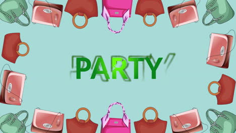 Animation-of-party-text-with-bags-on-blue-background