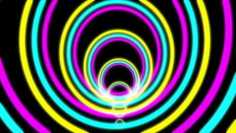 Animation-of-zap-text-on-explosion-bolt-over-tunnel-of-pink,-yellow-and-blue-neon-rings