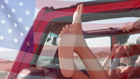 Animation-Der-Flagge-Der-USA-über-Glücklichen,-Unterschiedlichen-Frauen-Im-Auto-Am-Strand-Im-Sommer