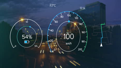 Animation-of-electric-car-dashboard-over-city