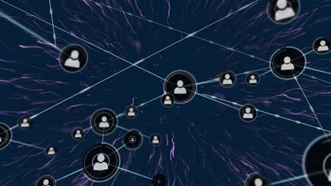 Animation-Eines-Netzwerks-Von-Personensymbolen,-Die-Daten-über-Ein-Violettes-Feuerwerk-Auf-Blauem-Hintergrund-übertragen