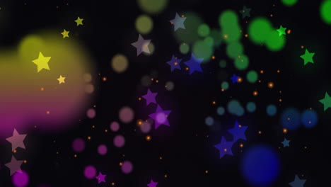 Animation-of-colourful-spots-and-stars-on-black-background