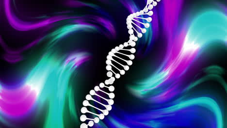 Animation-Eines-DNA-Strangs,-Der-Sich-über-Lichtspuren-Und-Schwarzem-Hintergrund-Dreht