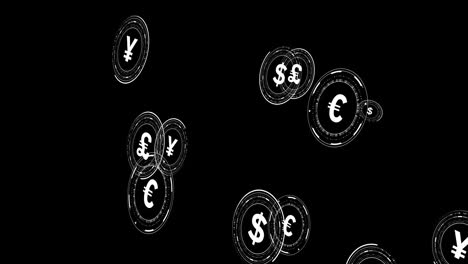 Animación-De-Iconos-De-Moneda-Con-Procesamiento-De-Datos-Sobre-Fondo-Negro