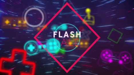 Animación-De-Iconos-De-Juegos-De-Neón-Y-Texto-De-Venta-Flash-Sobre-Estelas-De-Luz-Sobre-Fondo-Negro