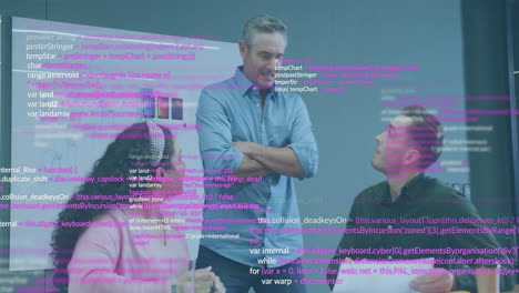 Animation-of-data-processing-over-diverse-colleagues-discussing-work-in-office