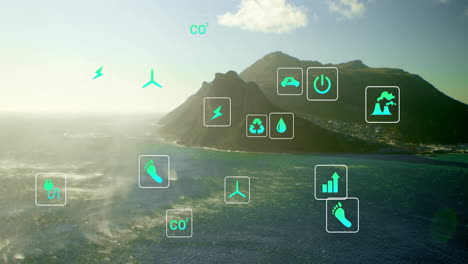 Animation-Eines-Netzwerks-Aus-Ökosymbolen-über-Einer-Meereslandschaft