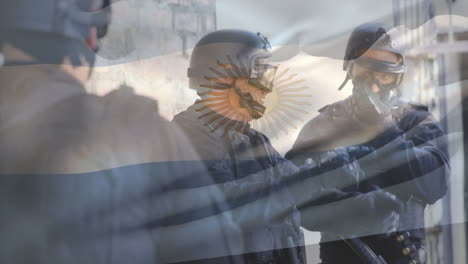Animation-of-flag-of-argentina-over-caucasian-male-soldiers-talking