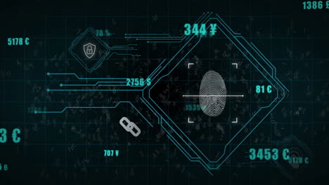 Animation-Des-Biometrischen-Fingerabdrucks-Und-Der-Datenverarbeitung-Auf-Schwarzem-Hintergrund