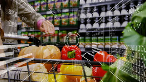 Animation-of-processing-data-over-caucasian-woman-with-vegetables-in-shopping-cart