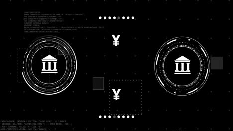 Animación-De-Iconos-De-Bancos-Y-Monedas-Con-Procesamiento-De-Datos-Sobre-Fondo-Negro