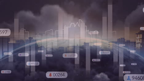 Animation-of-social-media-notifications-and-charts-processing-data-over-cloudy-cityscape