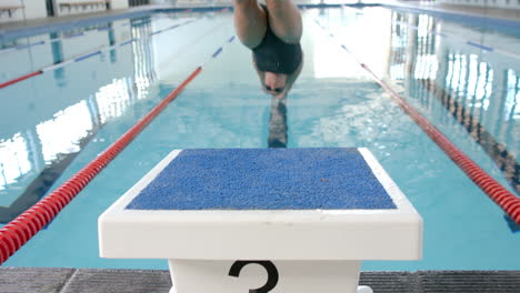 A-swimmer-prepares-to-dive-from-the-starting-block,-blue-background