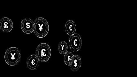 Animation-Von-Währungssymbolen-Mit-Datenverarbeitung-Auf-Schwarzem-Hintergrund
