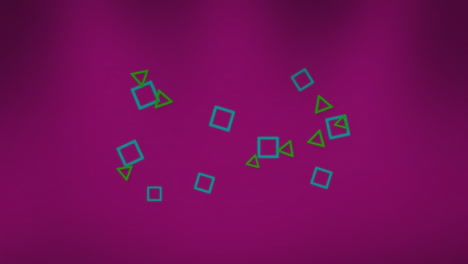 Animation-of-green-and-blue-shapes-moving-on-purple-background
