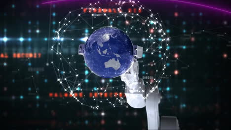 Animation-of-robot-arm-picking-holding-globe-with-communication-network-against-flashing-data-lights