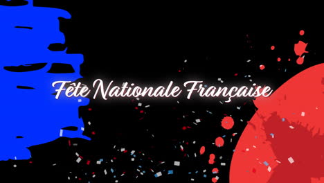 Animación-Del-Texto-De-La-Fete-Nationale-Francaise-Con-Bandera-Francesa-Y-Confeti-Sobre-Fondo-Negro