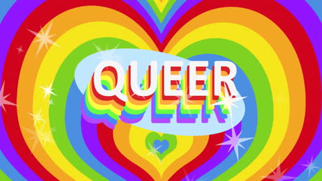 Animation-Von-Queerem-LGBT-Text-Und-Sternen,-Die-über-Einen-Regenbogenhintergrund-Fallen