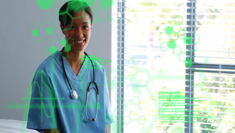 Animation-of-green-medical-data-processing-over-biracial-female-doctor-smiling-at-hospital