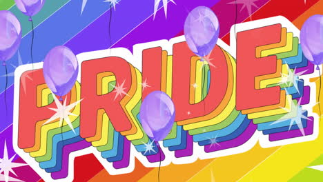 Animation-Von-LGBT-Stolztext-Und-Luftballons-Und-Sternen,-Die-über-Einen-Regenbogenhintergrund-Fallen