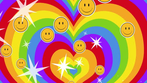 Animation-Von-LGBT-Stolz,-Smileys-Und-Sternen,-Die-über-Einen-Regenbogenherz-Hintergrund-Fallen