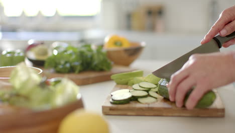Caucasian-woman-slicing-cucumber-in-kitchen
