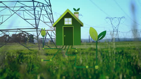 Animation-of-green-house-ands-plants-over-electricity-pylons-in-landscape