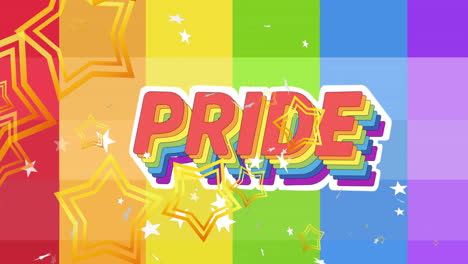 Animation-Schwebender-Sterne-über-Pride-Text-Auf-Regenbogenhintergrund