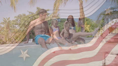 Animation-of-american-flag-elements-over-happy-caucasian-parents-and-children-playing-by-pool-in-sun