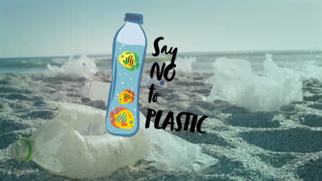 Animation-of-say-no-to-plastic-text-and-bottle-with-fish-over-rubbish-on-beach