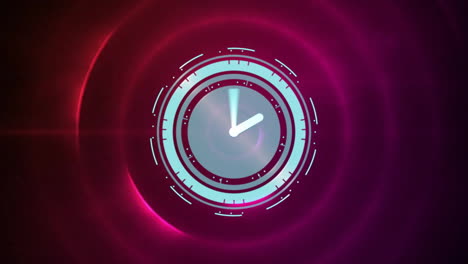 Animation-of-moving-clock-over-red-circles-on-black-background