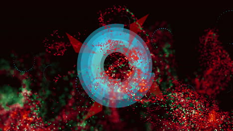 Animation-Von-Roten-Und-Grünen-Punkten-über-Sich-Bewegenden-Kreisen-Auf-Schwarzem-Hintergrund