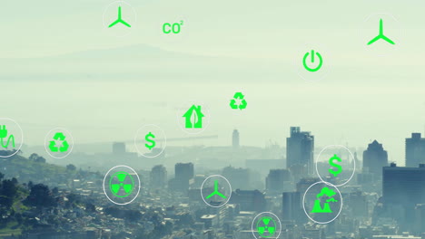 Animation-of-network-of-eco-icons-over-cityscape