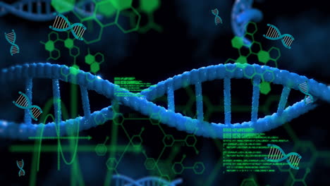 Animation-Von-DNA-Strängen-Und-Datenverarbeitung-Auf-Schwarzem-Hintergrund