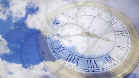 Animation-of-clocks-moving-over-clouds-on-blue-sky