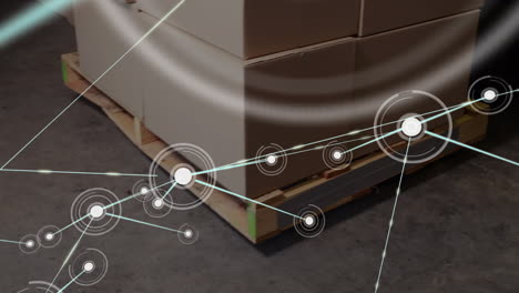 Animation-of-network-of-connections-over-boxes-in-warehouse