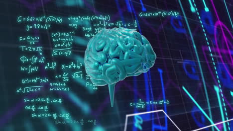 Animation-of-mathematical-equations-and-glowing-scanner-over-brain-on-black-background
