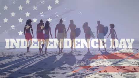 Animation-of-4th-of-july-text-over-usa-flag-and-diverse-friends-with-surfboards-on-beach-in-summer