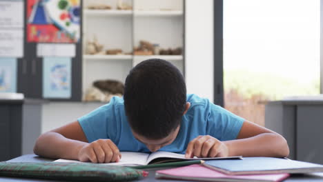 In-school,-in-a-classroom,-a-young-biracial-student-concentrates-on-reading