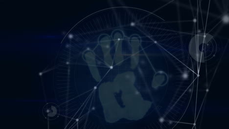 Animation-Eines-Verbindungsnetzwerks-über-Einem-Biometrischen-Handabdruck-Auf-Dunklem-Hintergrund