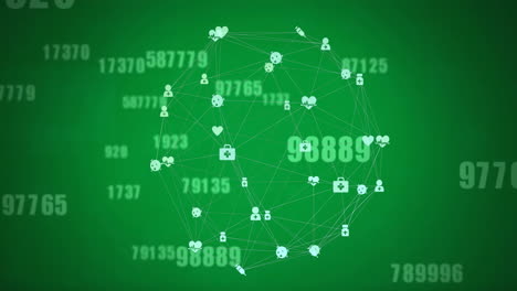 Animation-of-data-processing-and-network-of-connections-with-icons-over-green-background