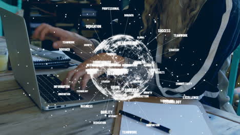 Animation-of-network-of-connections-and-globe-over-caucasian-woman-using-laptop