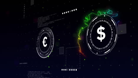 Animation-of-currency-symbols-with-data-processing-over-light-spots-on-black-background