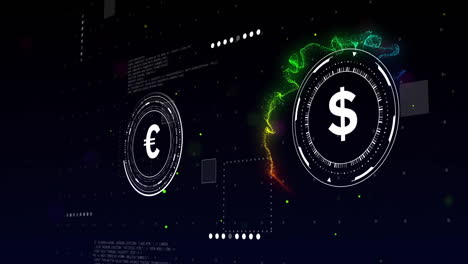 Animación-De-Símbolos-De-Moneda-Con-Procesamiento-De-Datos-Sobre-Puntos-Claros-Sobre-Fondo-Negro