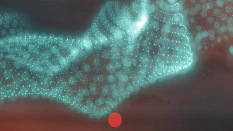 Animation-Einer-Leuchtend-Blauen-Partikelwelle-Und-Roter-Lichtpunkte,-Die-Sich-Auf-Dunklem-Hintergrund-Bewegen