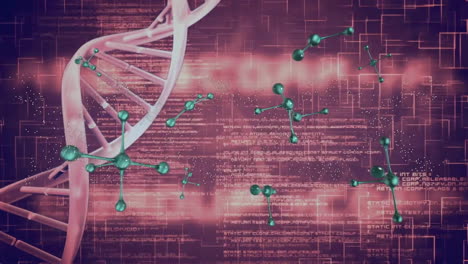 Animation-of-dna-strand-and-molecules-with-digital-data-processing-over-dark-background
